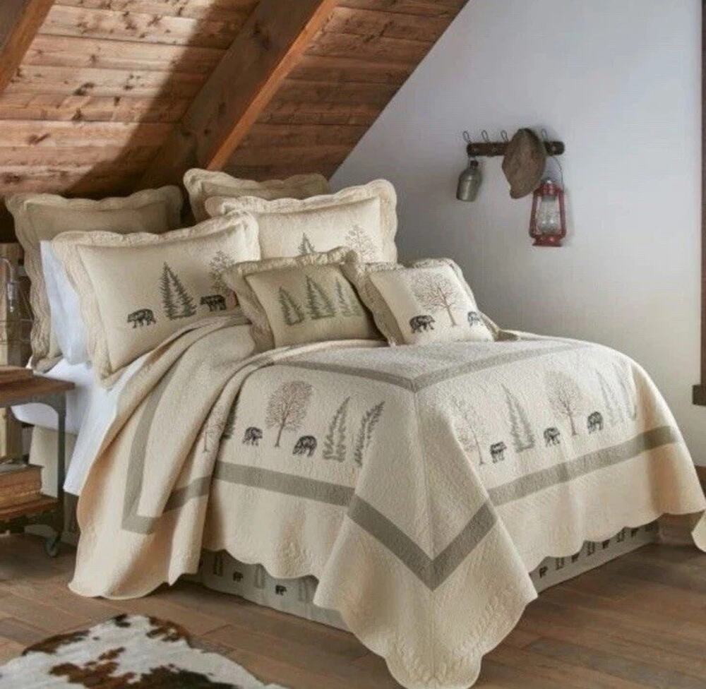 Donna Sharp Bear Creek Queen Quilt Set Lodge Cabincore Trees Ivory Cotton EUC